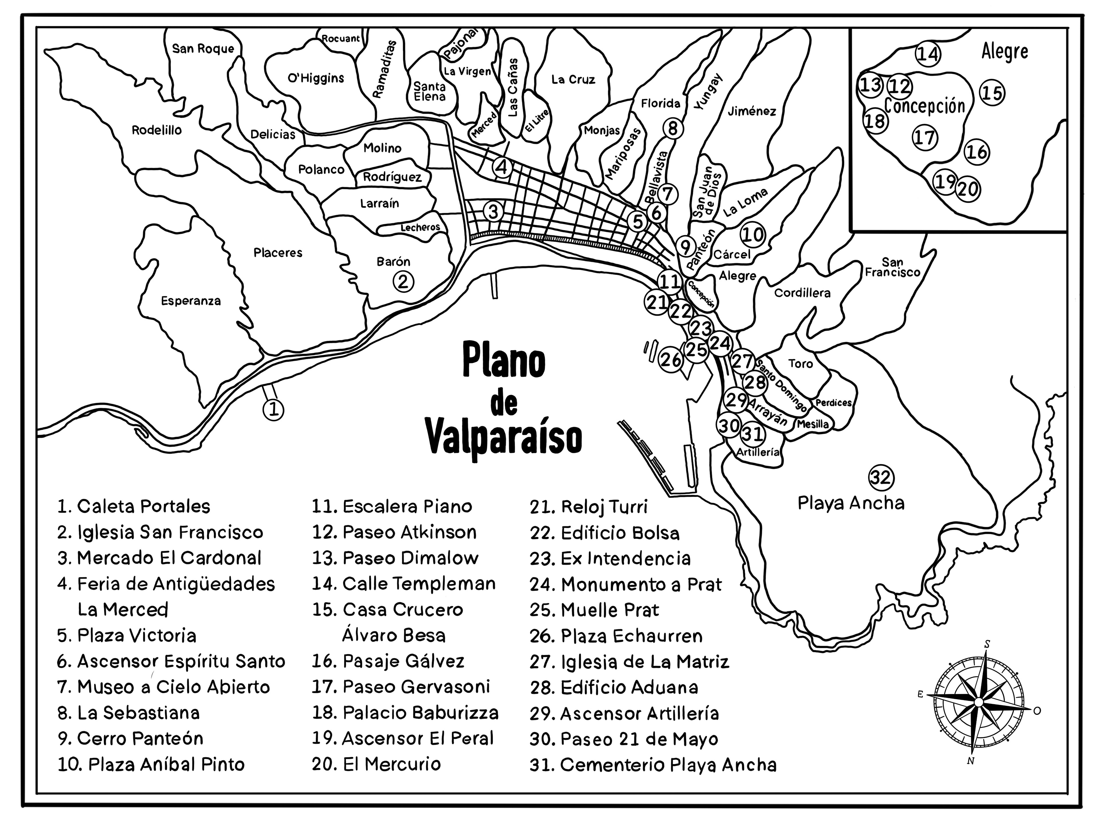 Valparaiso, cerros, mapa, libro colorear